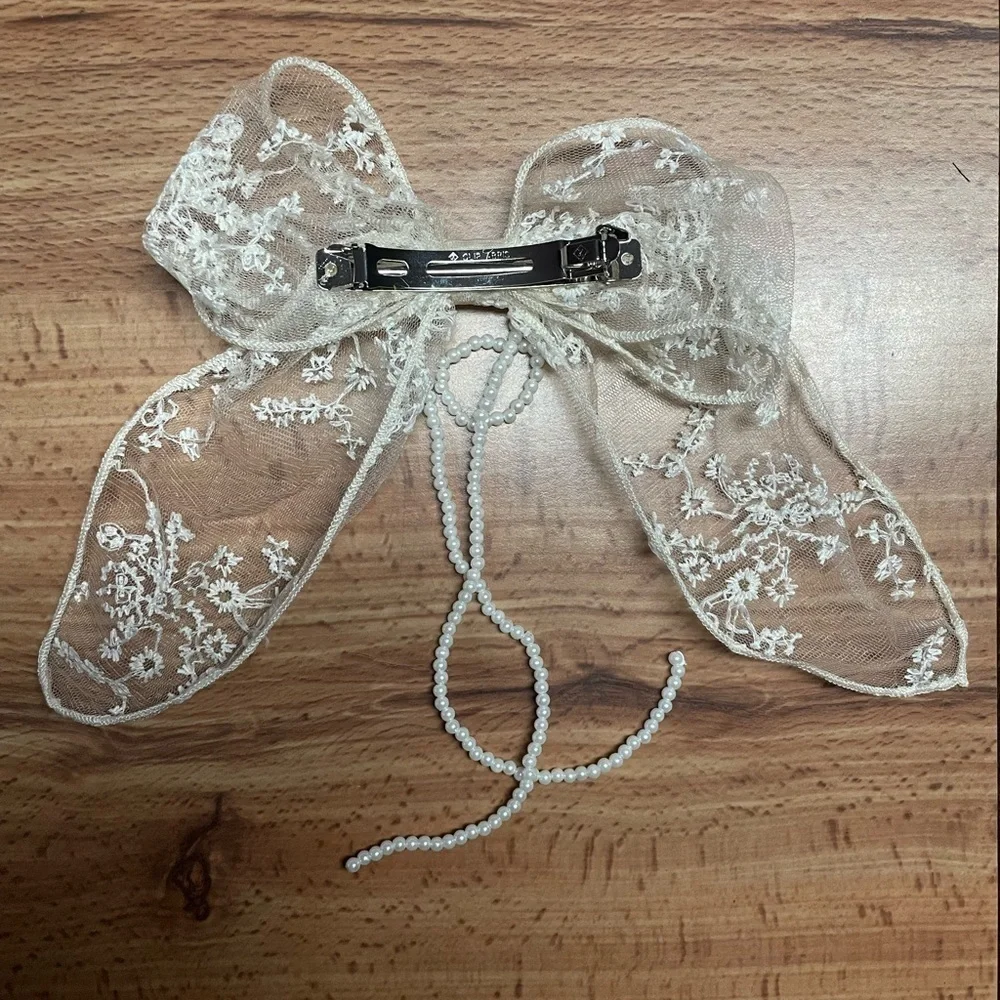 Black Lace & Pearl Bow French Barrette Hair Clip